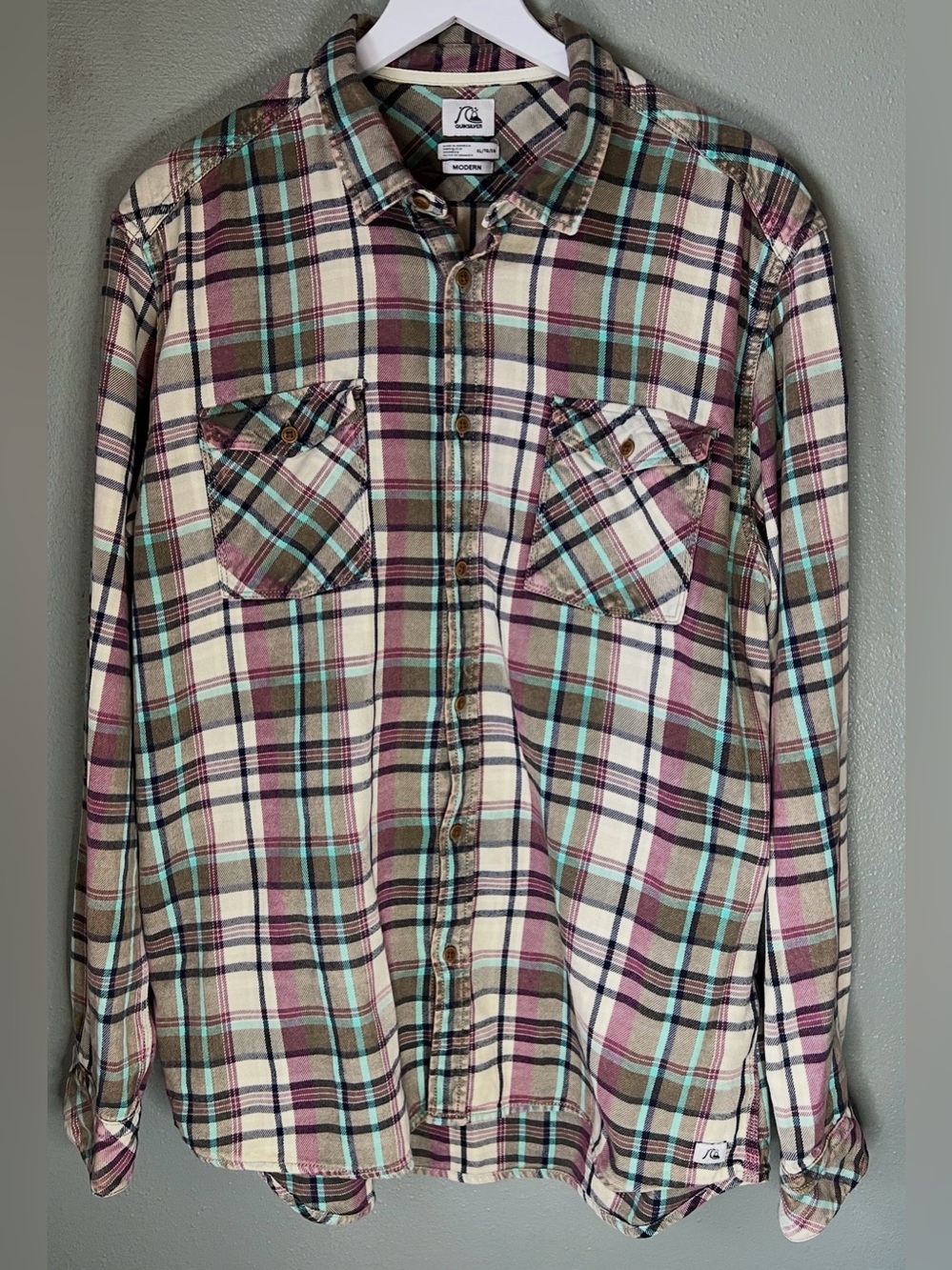 Men’s Quicksilver Modern Plaid Long Sleeve Button Up Shirt Size XL